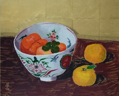 赤絵鉢と秋果