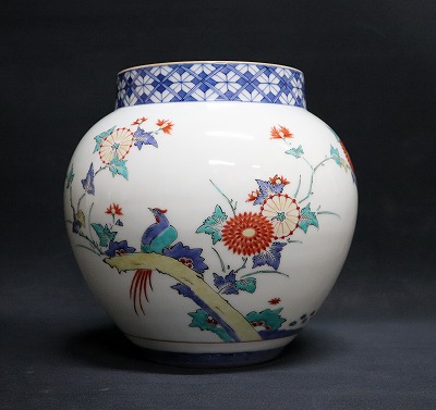 染錦菊鳥文花瓶　
